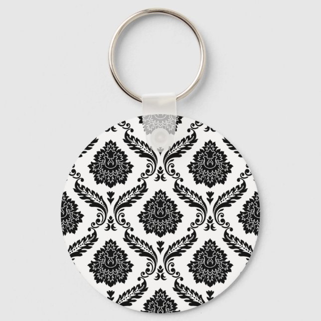 Rococo Damask Pattern Black on White Key Ring (Front)