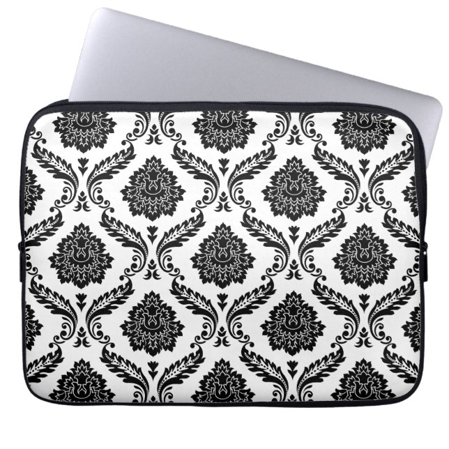 Rococo Damask Pattern Black on White Laptop Sleeve (Front)