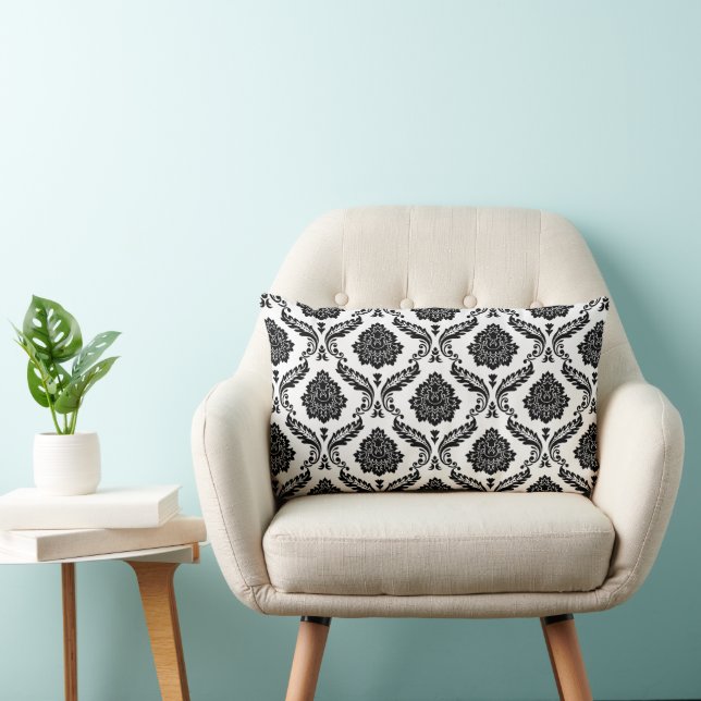 Rococo Damask Pattern Black on White Lumbar Cushion (Chair)