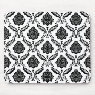 Rococo Damask Pattern Black on White Mouse Pad