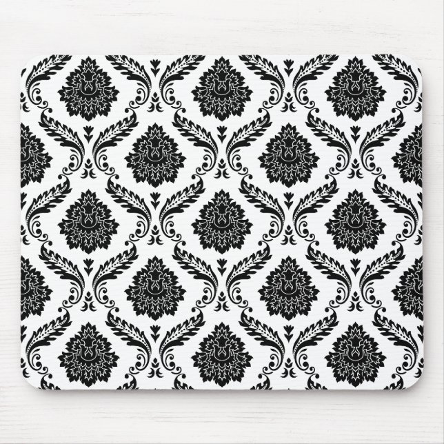Rococo Damask Pattern Black on White Mouse Pad (Front)