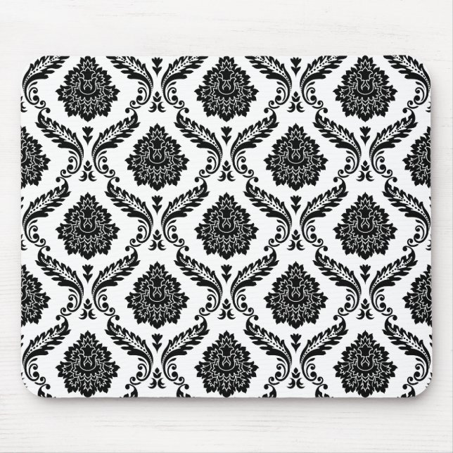 Rococo Damask Pattern Black on White Mouse Pad (Front)