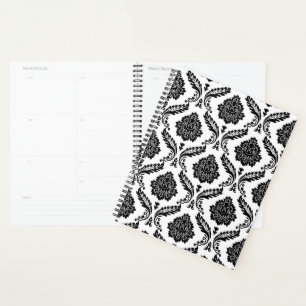Rococo Damask Pattern Black on White Planner