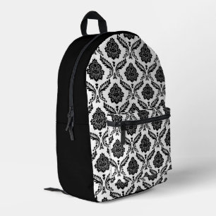 Rococo Damask Pattern Black on White Printed Backpack