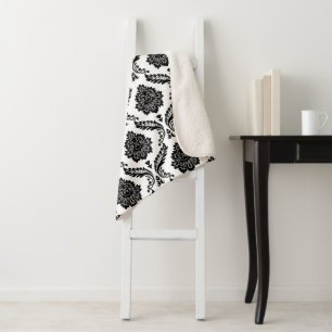 Rococo Damask Pattern Black on White Sherpa Blanket