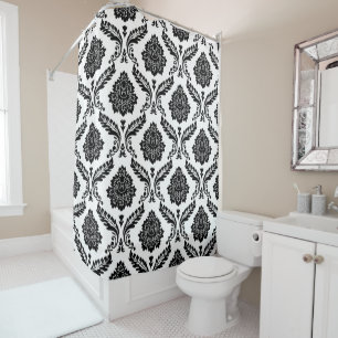 Rococo Damask Pattern Black on White Shower Curtain