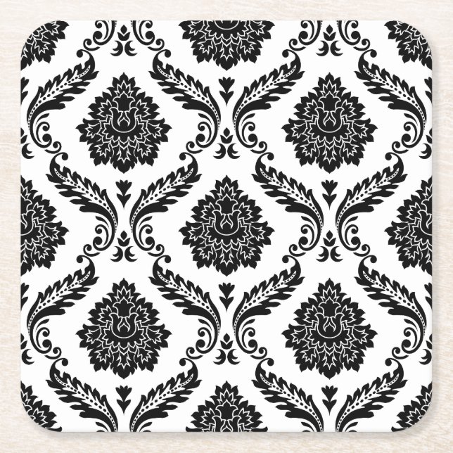 Rococo Damask Pattern Black on White Square Paper Coaster (Front)
