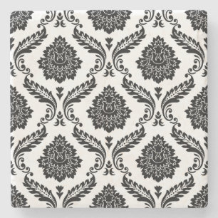 Rococo Damask Pattern Black on White Stone Coaster