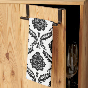 Rococo Damask Pattern Black on White Tea Towel