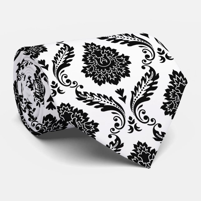 Rococo Damask Pattern Black on White Tie (Rolled)