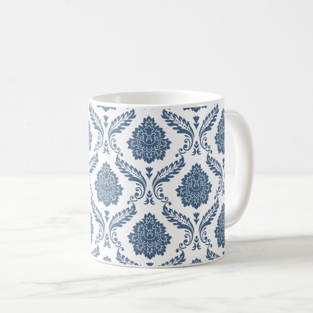 Rococo Damask Pattern Blue on White Coffee Mug (Front Right)