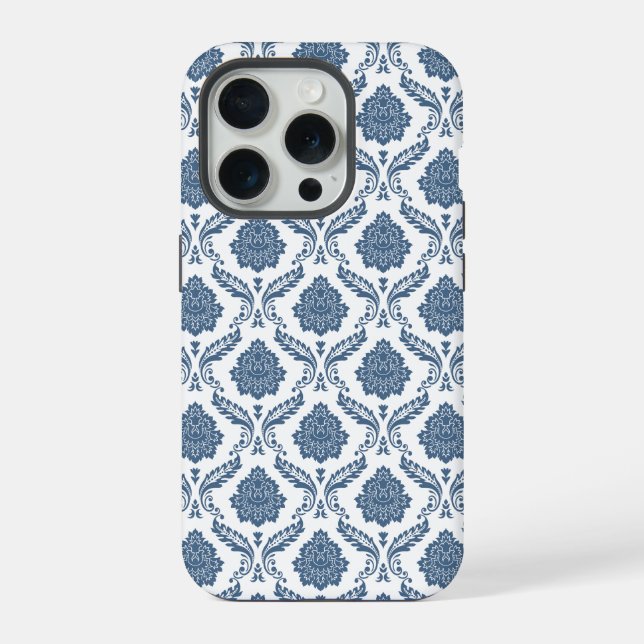 Rococo Damask Pattern Blue on White iPhone Case (Back)