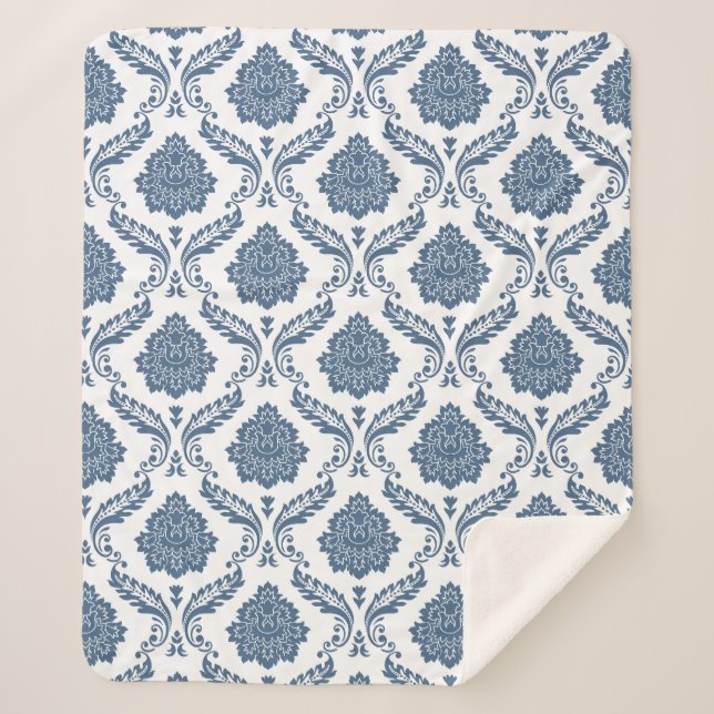 Rococo Damask Pattern Blue on White Sherpa Blanket (Front)