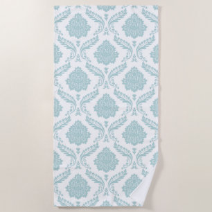 Rococo Damask Pattern Duck Egg Blue on White Beach Towel