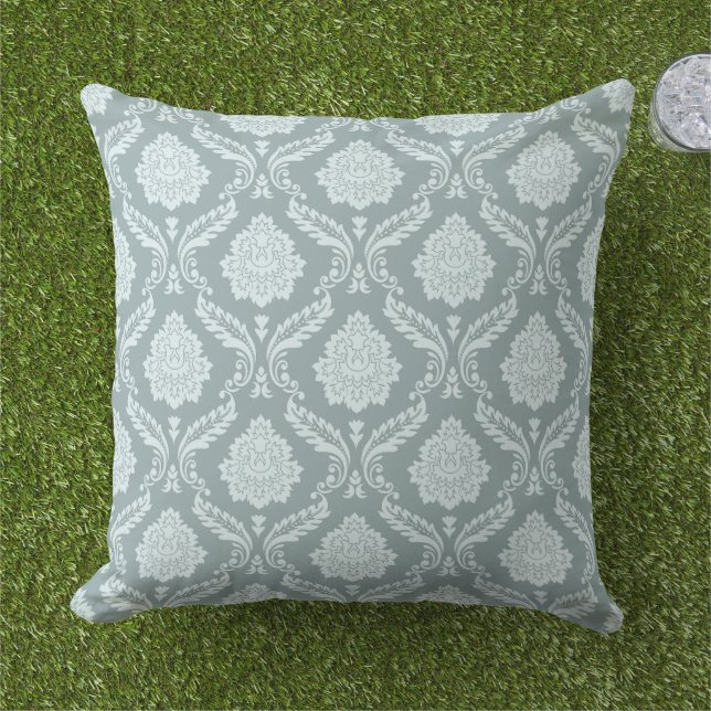 Rococo Damask Pattern Duck Egg Blue+Teal Cushion (Grass)