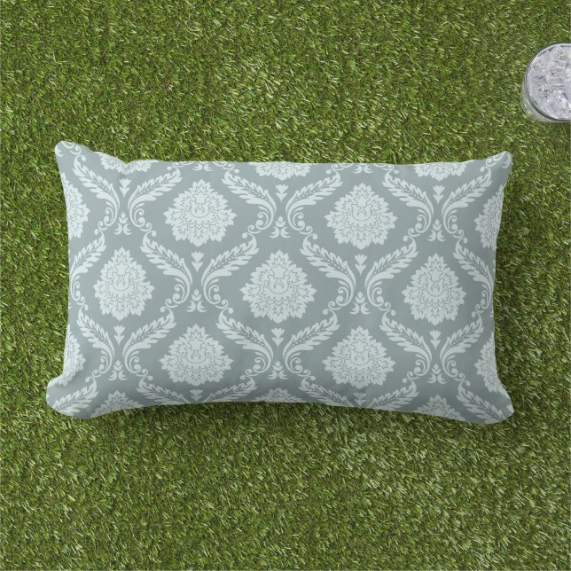 Rococo Damask Pattern Duck Egg Blue+Teal Lumbar Cushion (Grass)