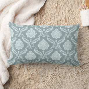 Rococo Damask Pattern Duck Egg Blue+Teal Lumbar Cushion