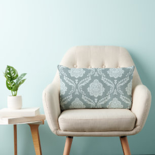 Rococo Damask Pattern Duck Egg Blue+Teal Lumbar Cushion