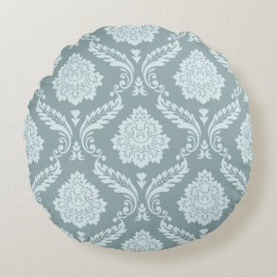 Rococo Damask Pattern Duck Egg Blue+Teal Round Cushion