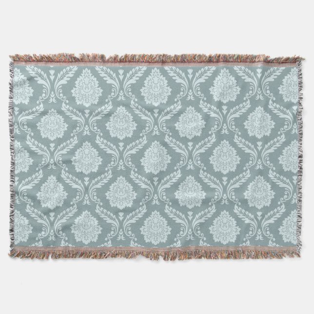 Rococo Damask Pattern Duck Egg Blue+Teal Throw Blanket (Front)