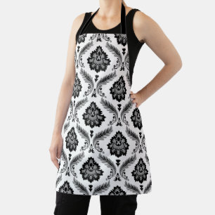 Rococo Damask Pattern Grey Black White Apron