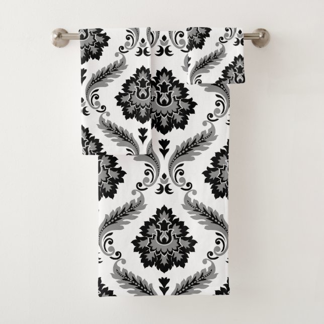 Rococo Damask Pattern Grey Black White Bath Towel Set (Insitu)