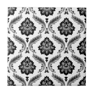 Rococo Damask Pattern Grey Black White Ceramic Tile
