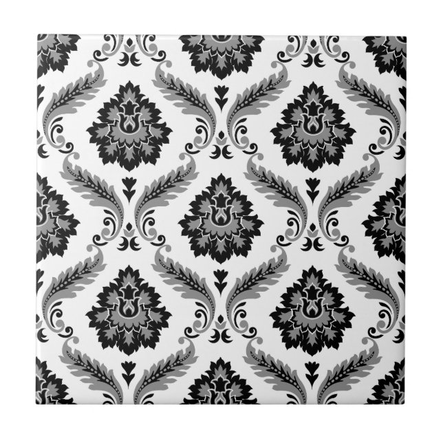 Rococo Damask Pattern Grey Black White Ceramic Tile (Front)