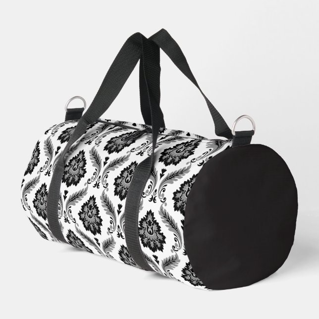 Rococo Damask Pattern Grey Black White Duffle Bag (Left Corner)