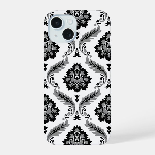 Rococo Damask Pattern Grey Black White iPhone 15 Case (Back)