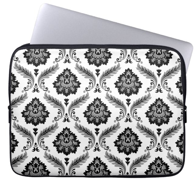 Rococo Damask Pattern Grey Black White Laptop Sleeve (Front)