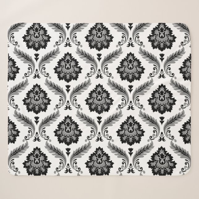 Rococo Damask Pattern Grey Black White Sherpa Blanket (Front (Horizontal))