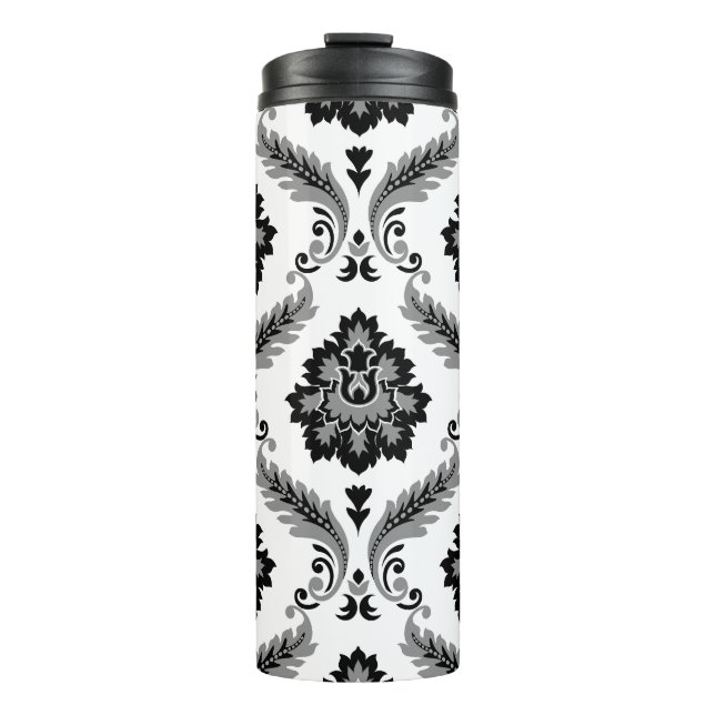 Rococo Damask Pattern Grey Black White Thermal Tumbler (Front)