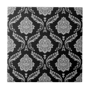 Rococo Damask Pattern Grey on Black Ceramic Tile