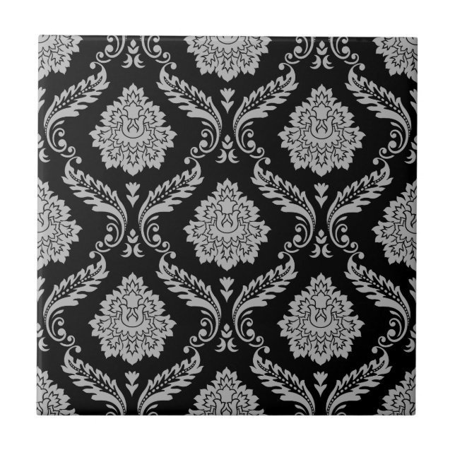 Rococo Damask Pattern Grey on Black Ceramic Tile (Front)