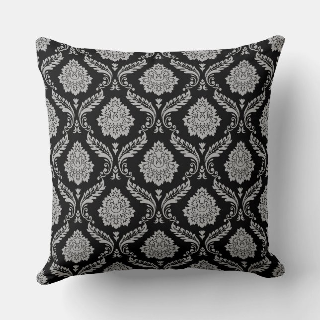 Rococo Damask Pattern Grey on Black Cushion (Back)