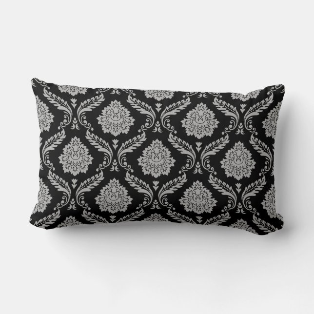 Rococo Damask Pattern Grey on Black Lumbar Cushion (Back)