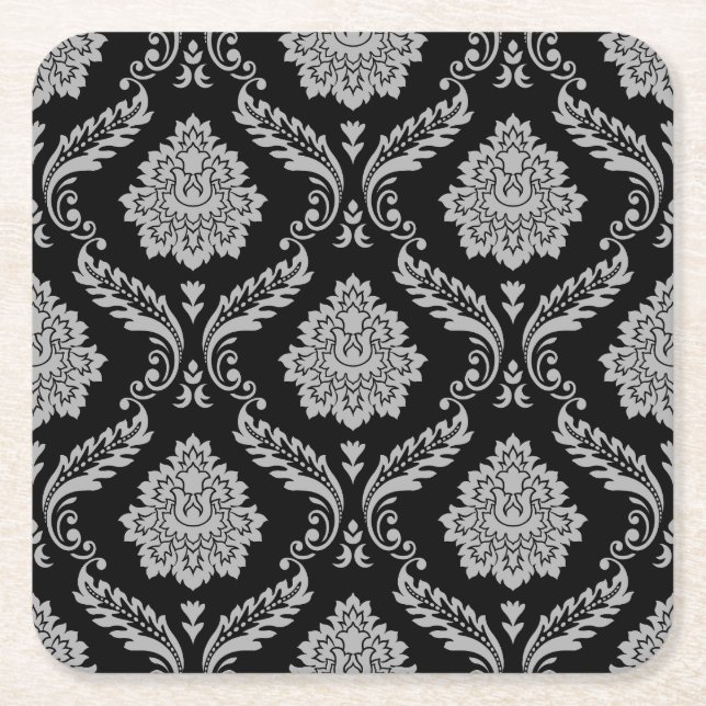 Rococo Damask Pattern Grey on Black Square Paper Coaster (Front)