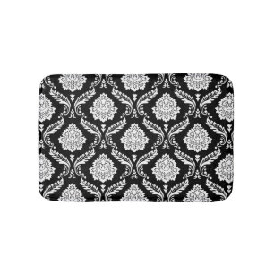 Rococo Damask Pattern White on Black Bath Mat
