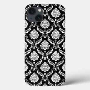 Rococo Damask Pattern White on Black iPhone 13 Case