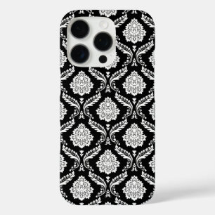 Rococo Damask Pattern White on Black iPhone 16 Pro Case