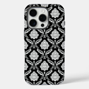 Rococo Damask Pattern White on Black iPhone 16 Pro Case