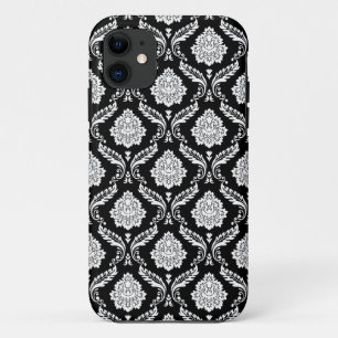 Rococo Damask Pattern White on Black iPhone 11 Case