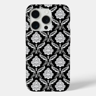 Rococo Damask Pattern White on Black iPhone 15 Pro Case