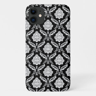 Rococo Damask Pattern White on Black iPhone 11 Case