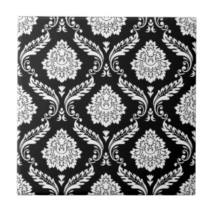 Rococo Damask Pattern White on Black Ceramic Tile