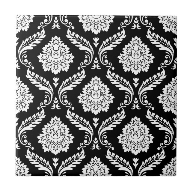 Rococo Damask Pattern White on Black Ceramic Tile (Front)