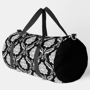 Rococo Damask Pattern White on Black Duffle Bag