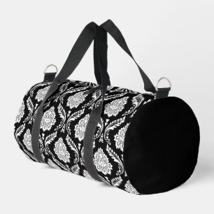 Rococo Damask Pattern White on Black Duffle Bag