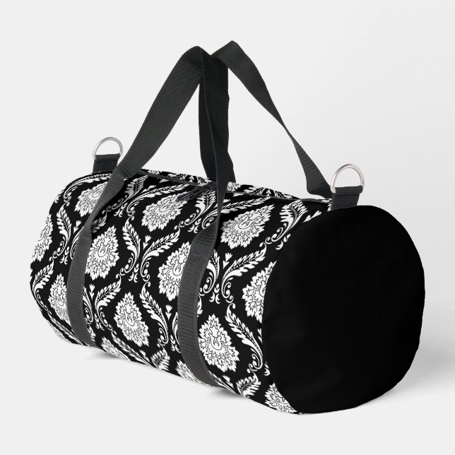 Rococo Damask Pattern White on Black Duffle Bag (Left Corner)